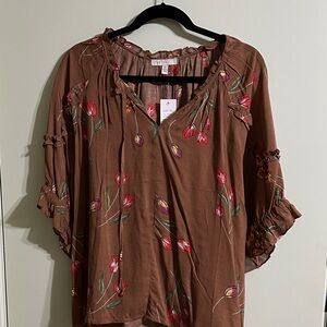 Elegant Brown Floral Blouse with Red and Green Details